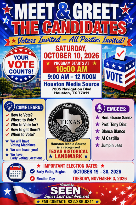 Meet & Greet the Candidates voter-education event at Houston Media Source on Saturday, October 10, 2026, from 9:00 AM to 12:00 PM, with the program beginning at 10:00 AM.