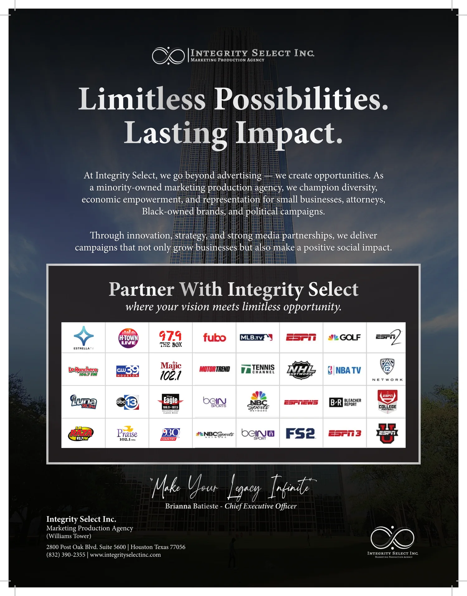 Integrity Select Inc. full-page Net Gala advertisement — Limitless Possibilities. Lasting Impact. A minority-owned marketing production agency.