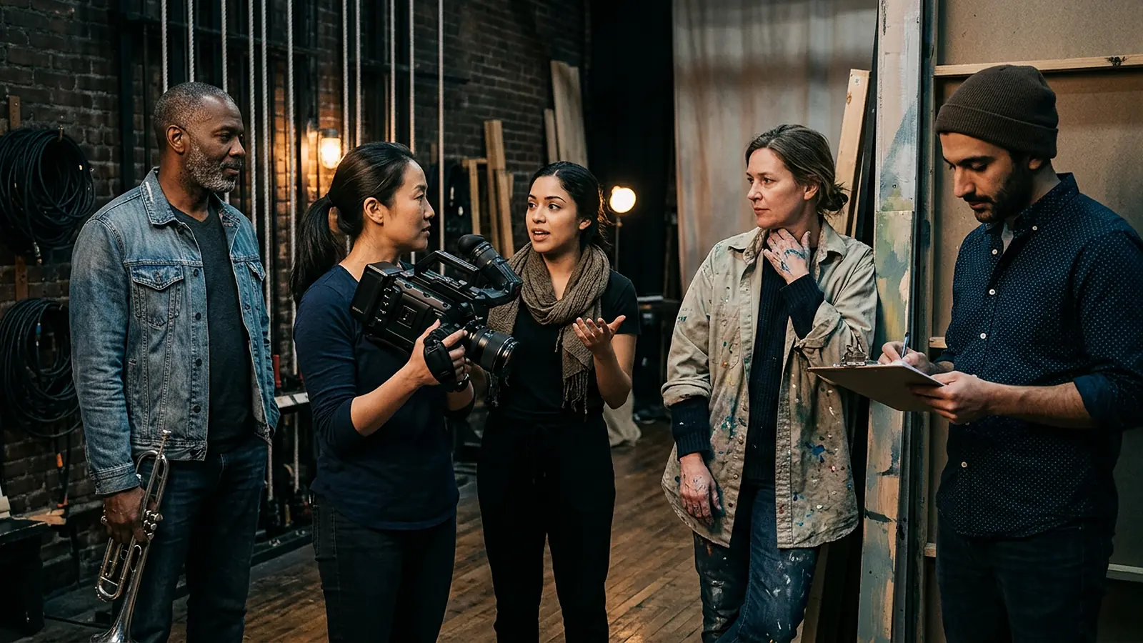 A multicultural group of Houston filmmakers, musicians, stage performers, and visual artists gathered backstage in a small theatre under warm cinematic lighting