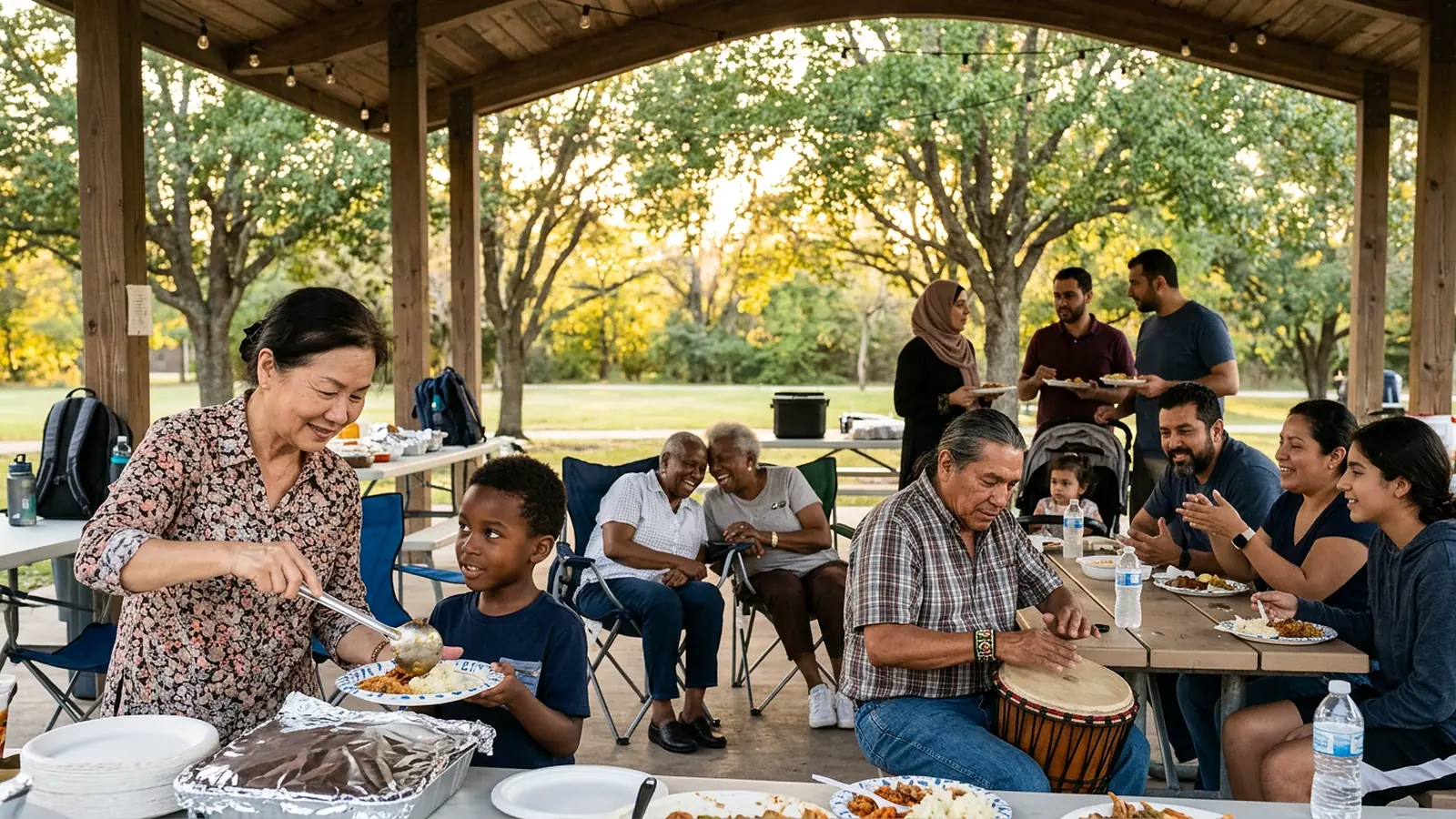 Multigenerational Houston neighbors sharing food, music, and stories at an outdoor community gathering under a park pavilion in late-afternoon light