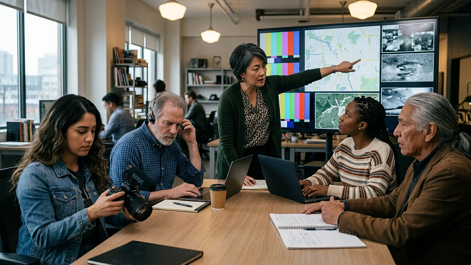 A diverse team of journalists, editors, and neighborhood correspondents reviewing Houston community stories across laptops, cameras, and newsroom wall displays