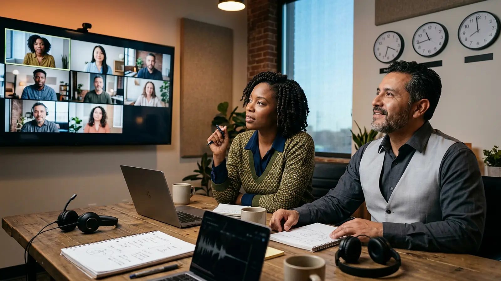 Two Houston-based producers collaborating by video call with international broadcast and cultural partners shown on a large wall display