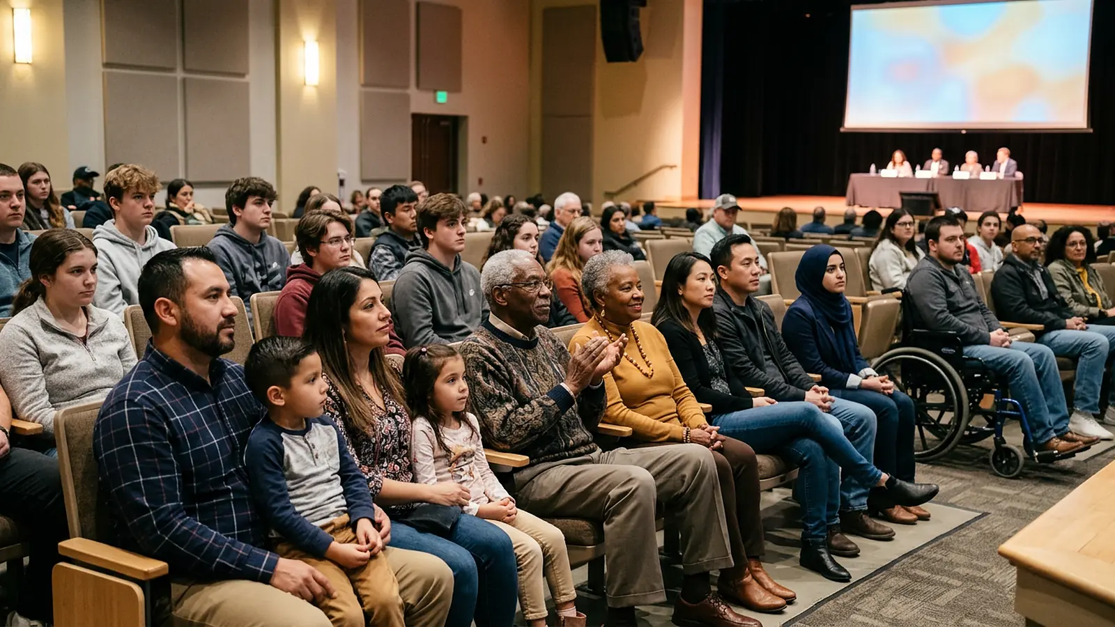 A multicultural Houston audience of families, elders, teenagers, and a wheelchair user seated at a community forum and screening in a civic auditorium
