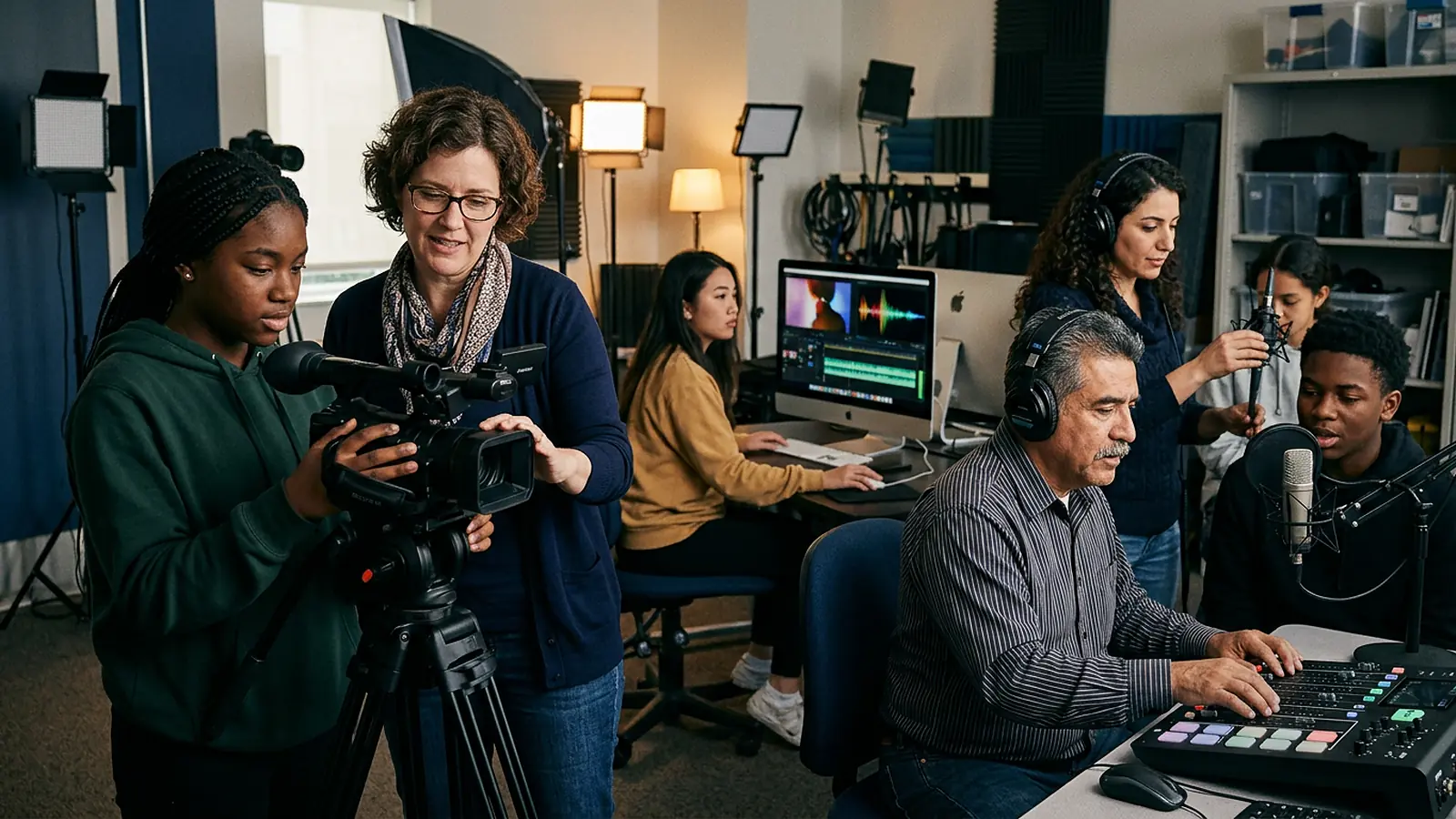Students and adult learners from different cultures receiving hands-on instruction in camera operation, editing, and audio production in a media academy classroom
