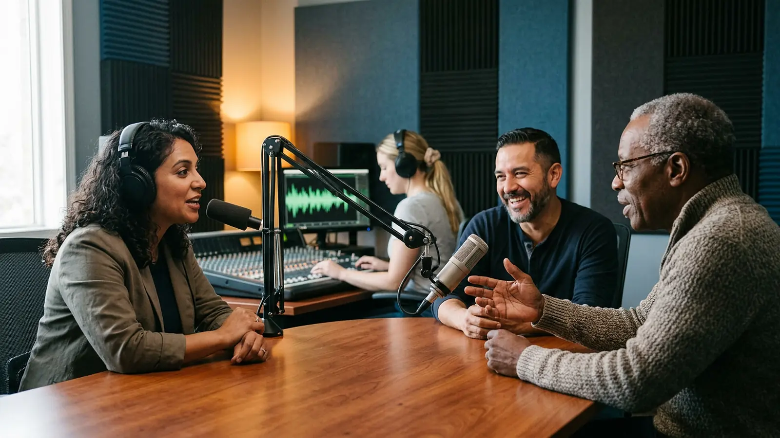 Multicultural hosts and guests mid-conversation around studio microphones in a modern radio and podcast studio, with a producer at the mixing desk behind them