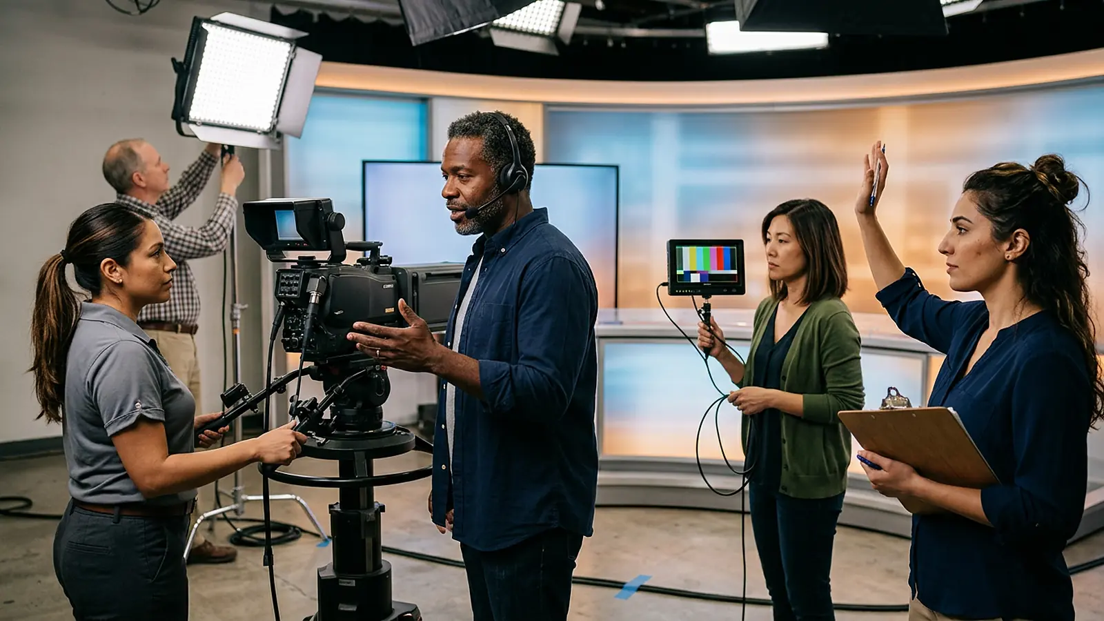 A multicultural Houston production crew at work in a television studio — a camera operator on a pedestal camera, a director in a headset, a lighting technician, and a floor manager on a lit news set